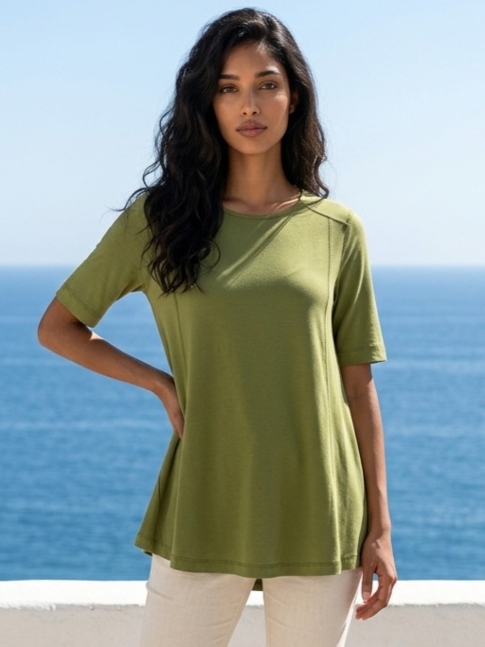 John Mark Olive Green Short-Sleeve Tunic Length Knit Top S